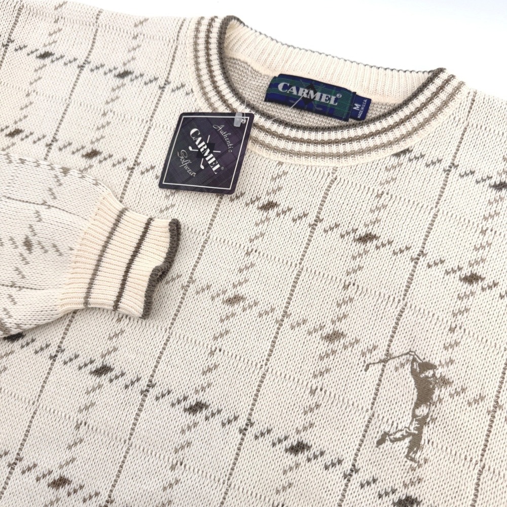 Vintage Carmel Golfwear Sweater Mens Medium Cream Tan Golfer Embroidery NWT USA‎